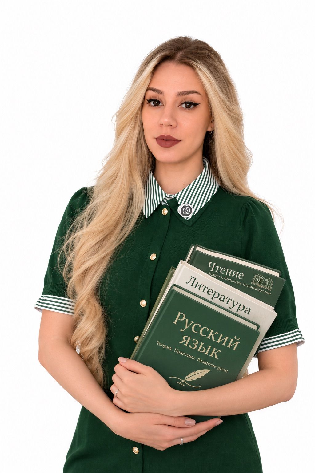 Анастасия, преподаватель русского языка и скорочтения, с учебниками в руках